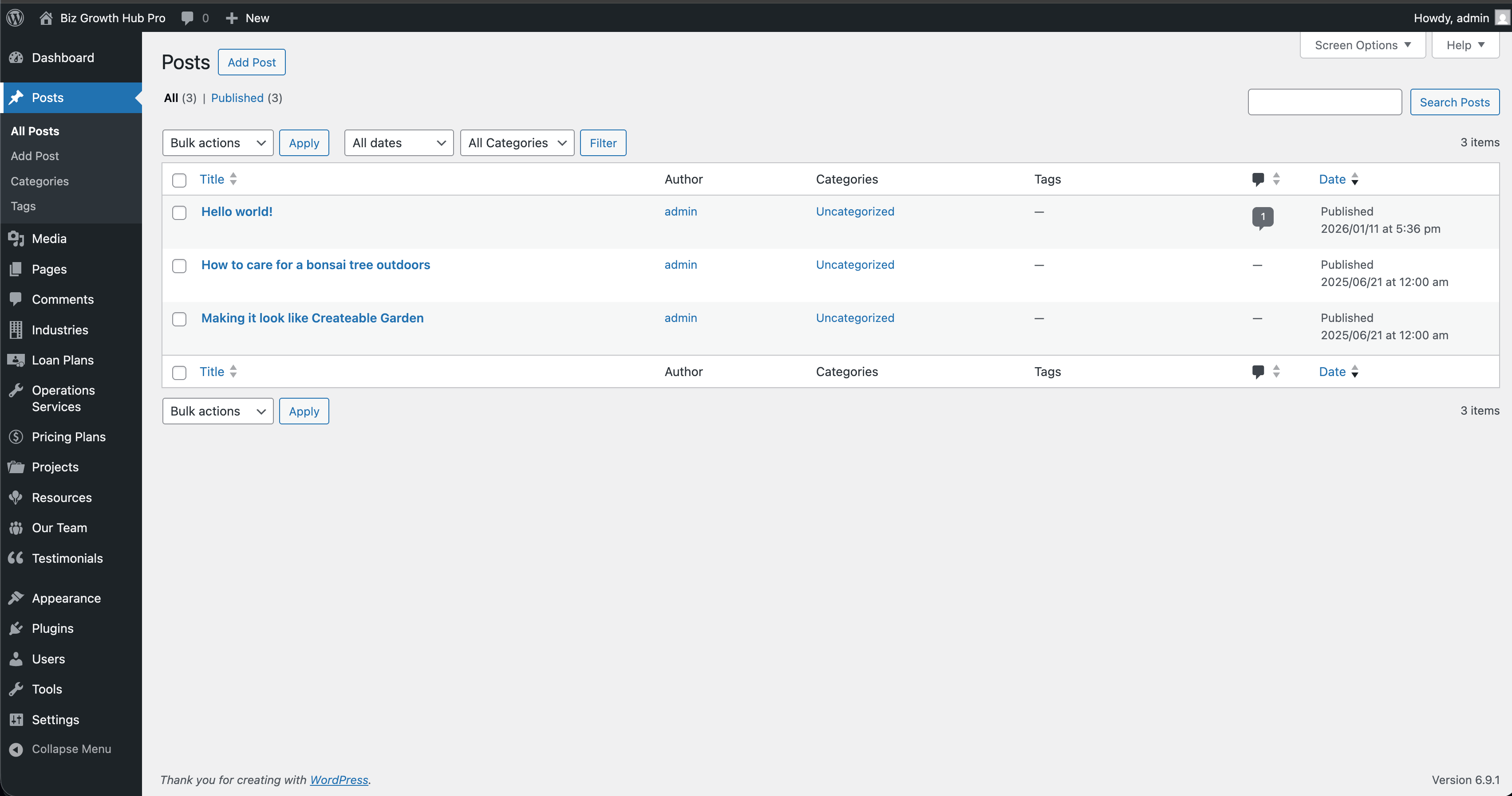 Blog/Posts list in WordPress admin