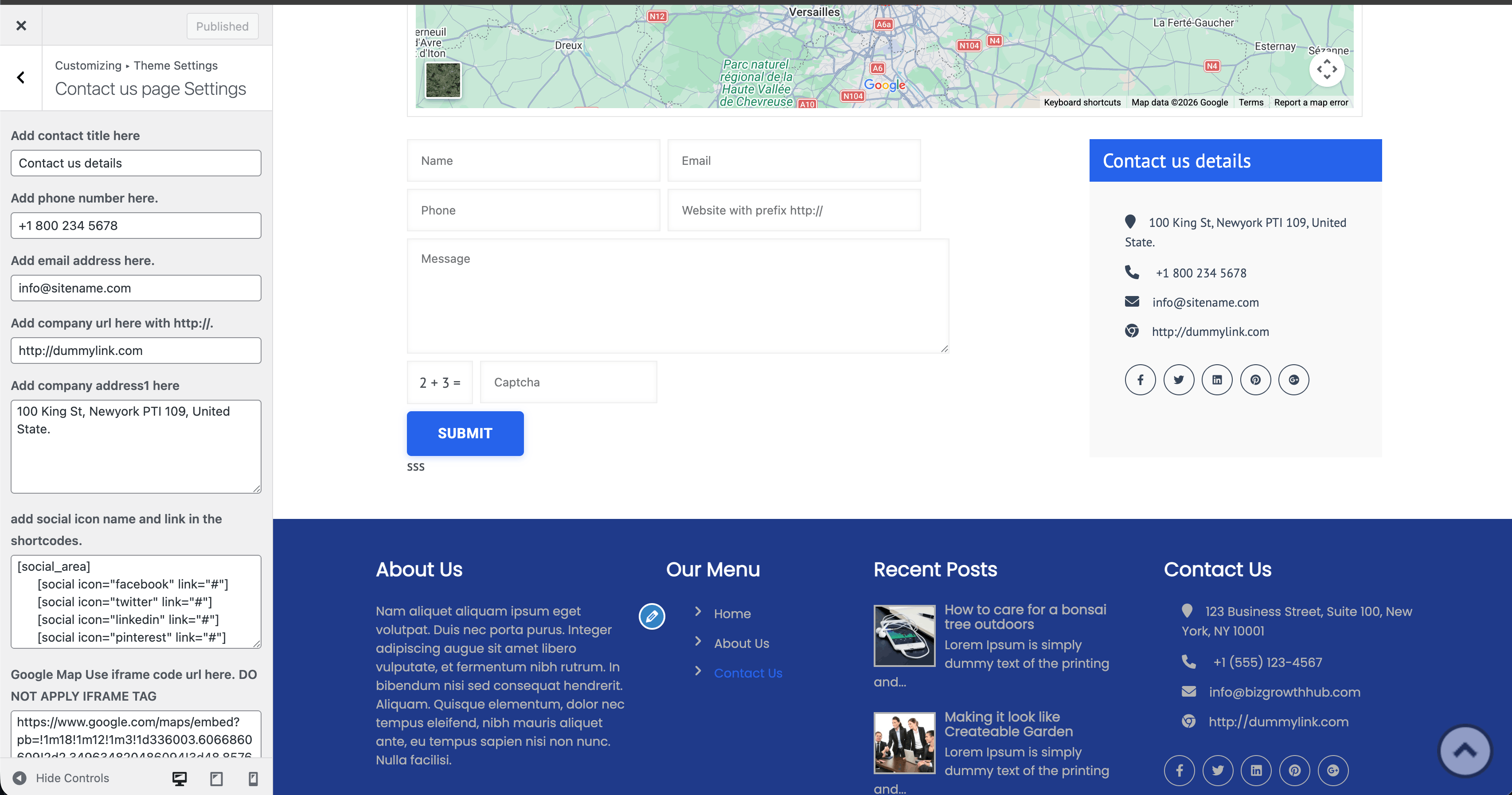 Contact us page settings in Customizer