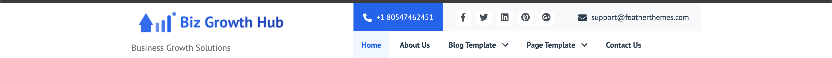 Theme header with contact bar, logo, and menu