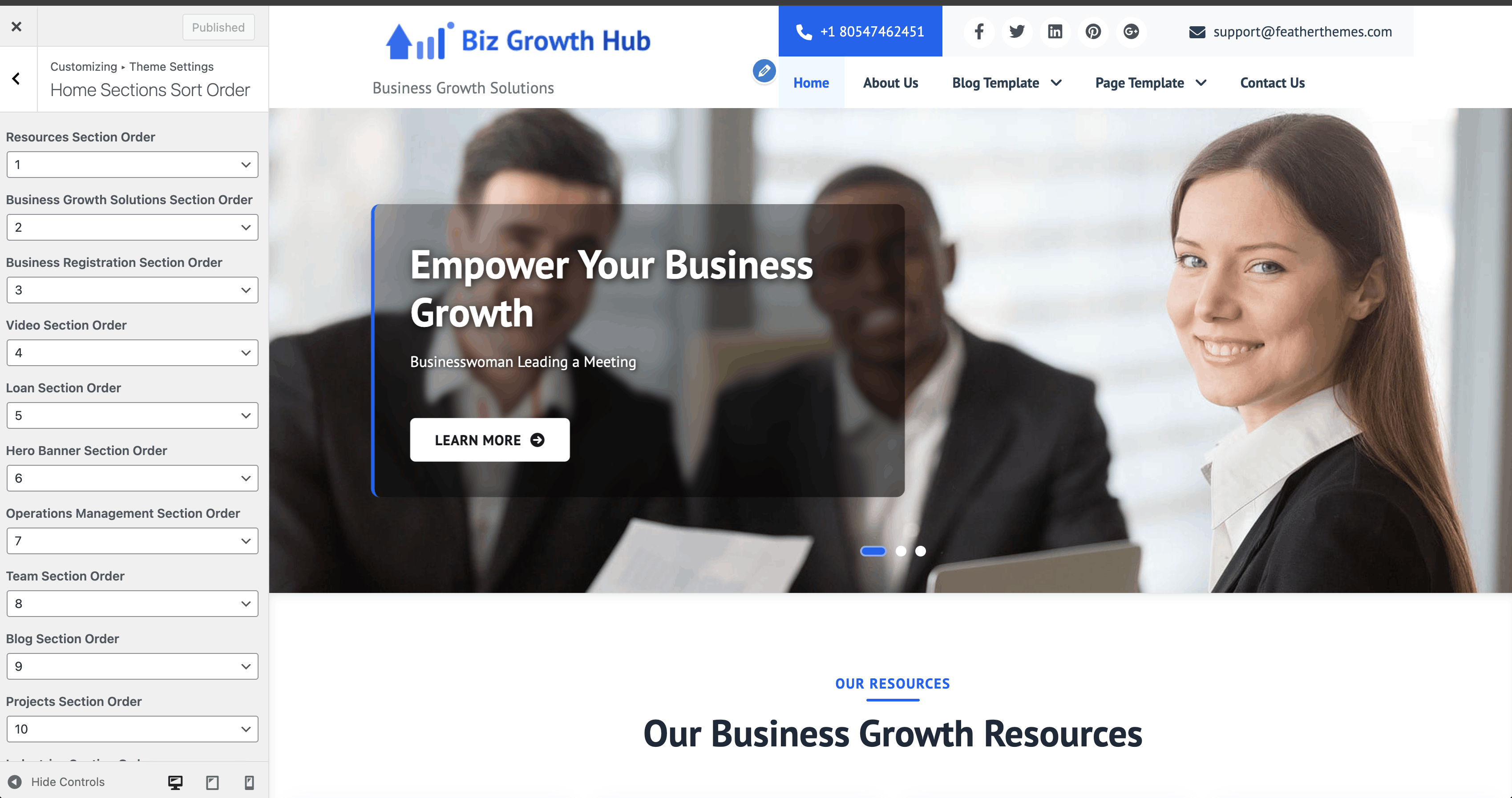 Home Sections Sort Order in Customizer