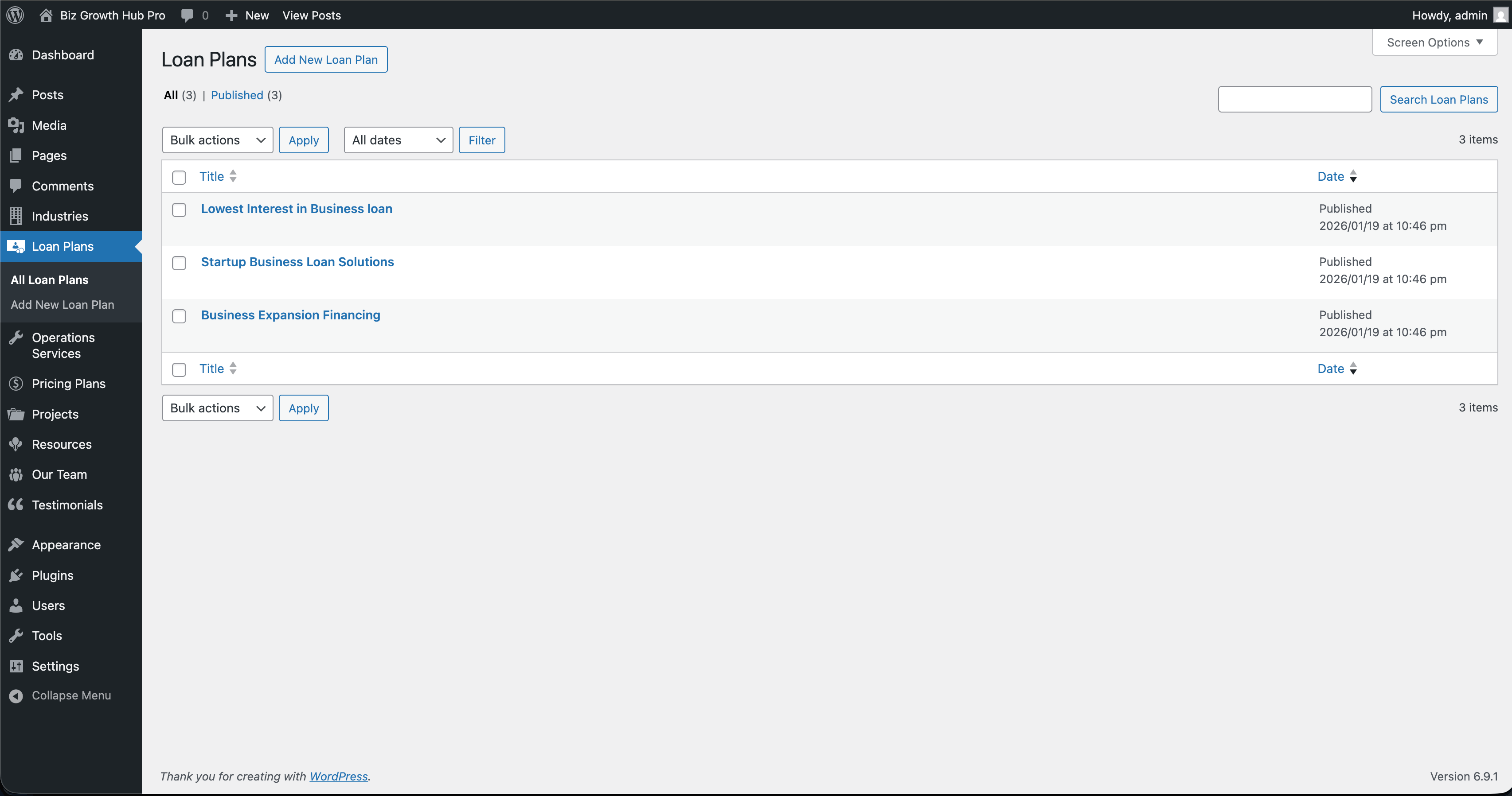 Loan plans list in WordPress admin