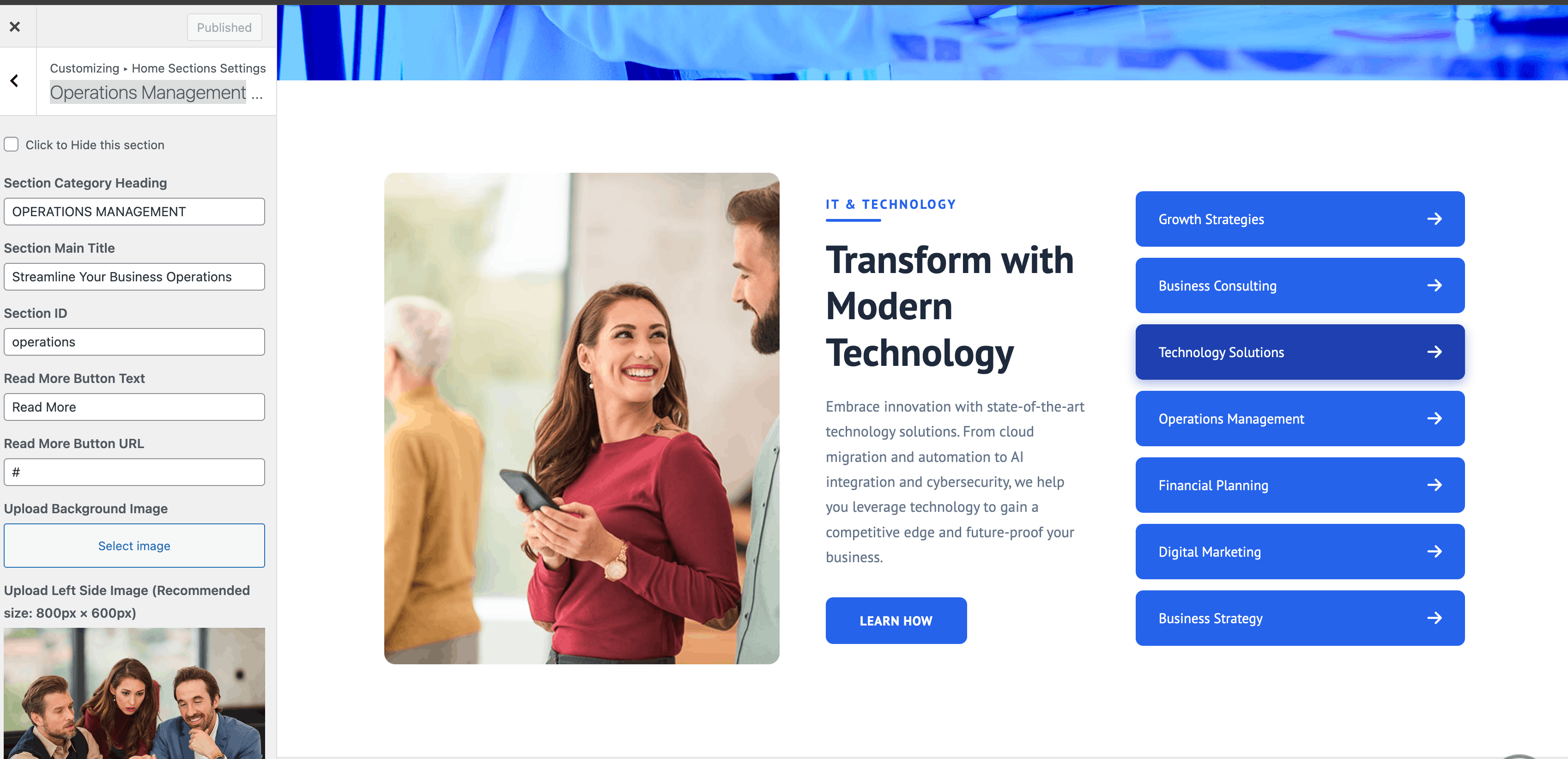 Operations Management section in Customizer