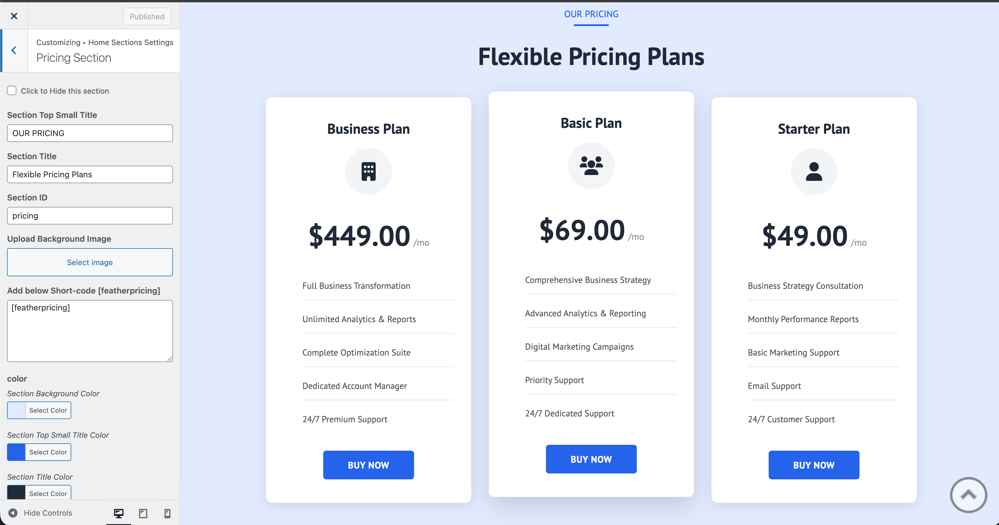 Pricing section in Customizer