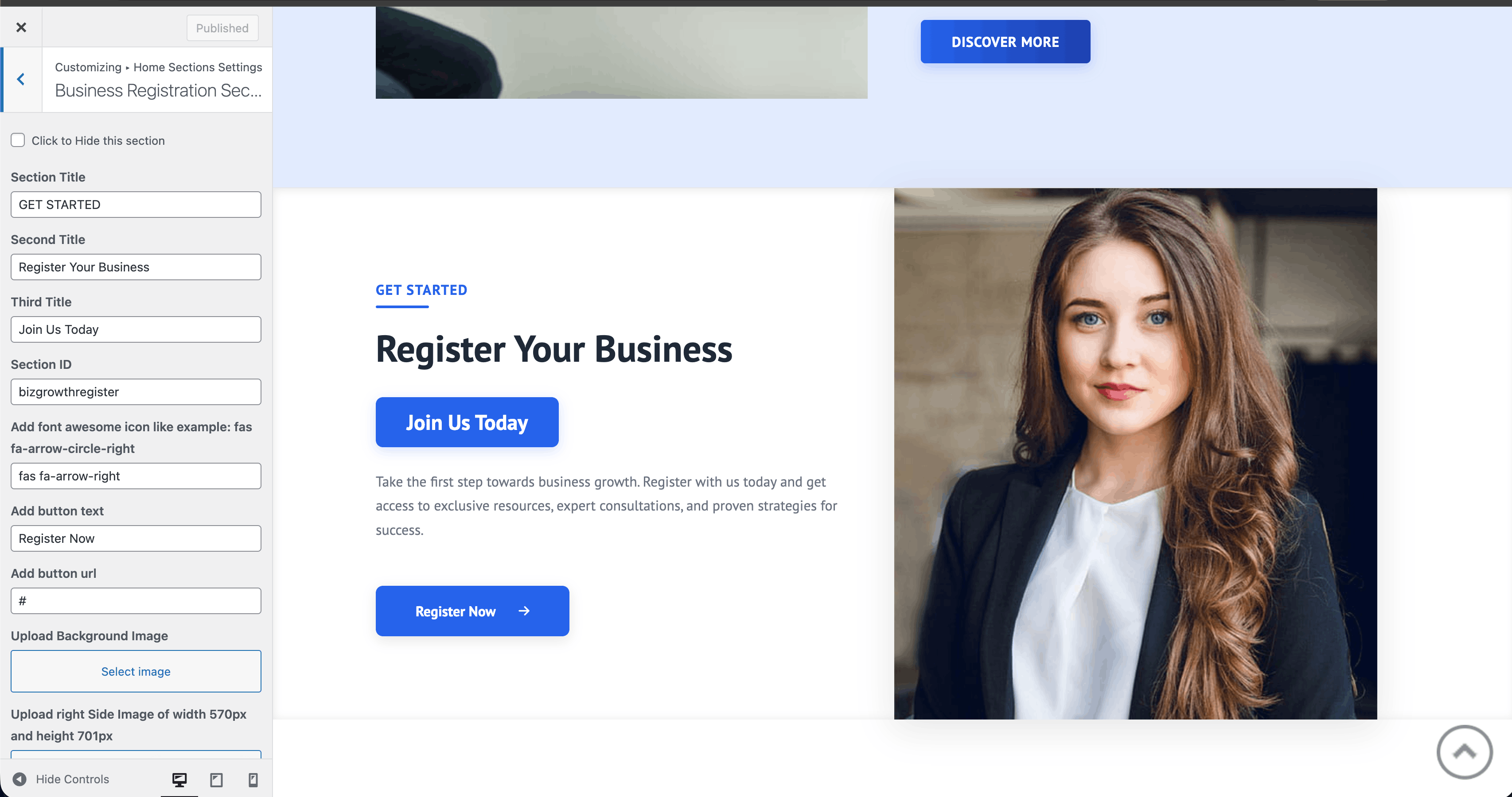 Business Registration section in Customizer