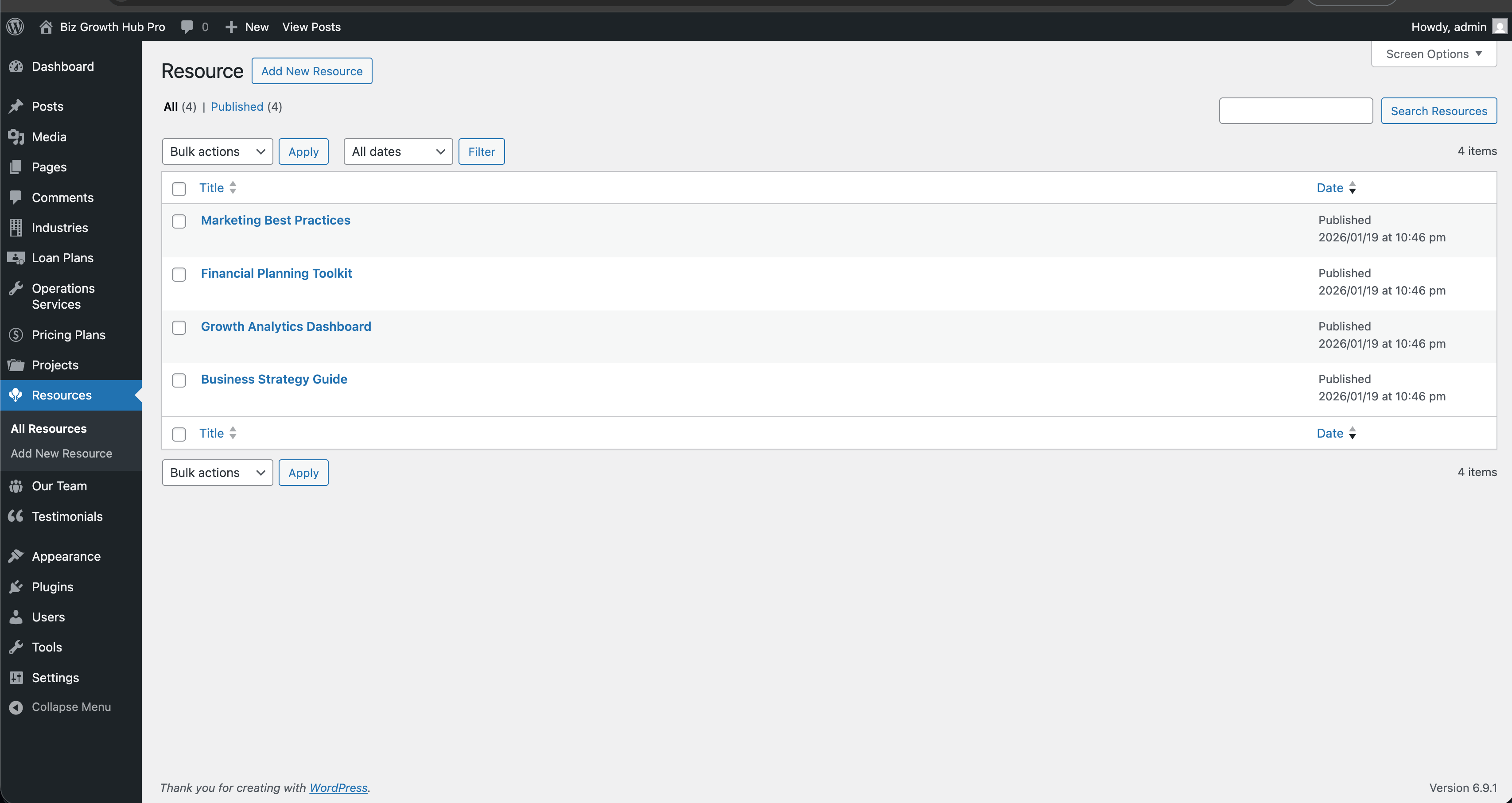 Resources list in WordPress admin