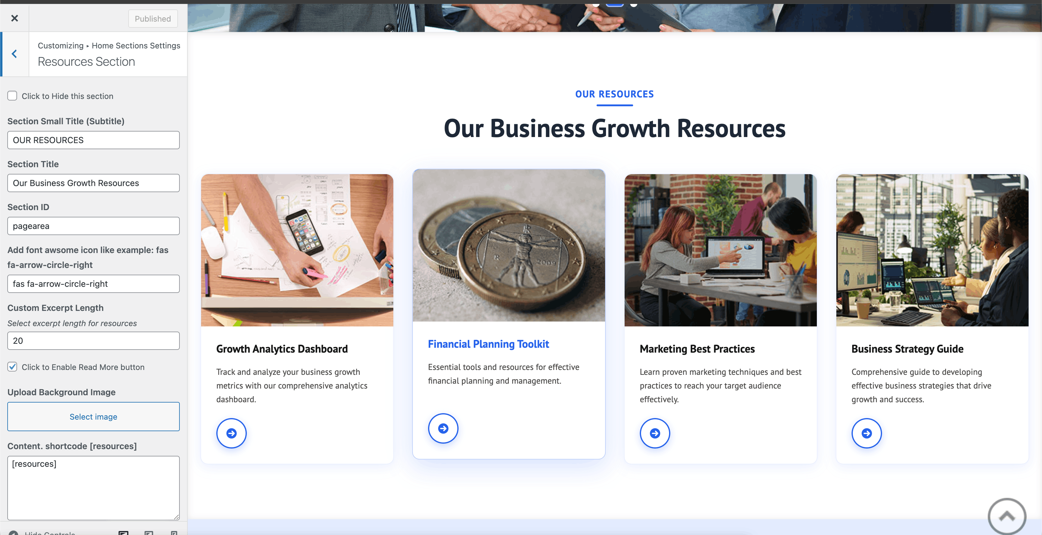 Resources section in Customizer