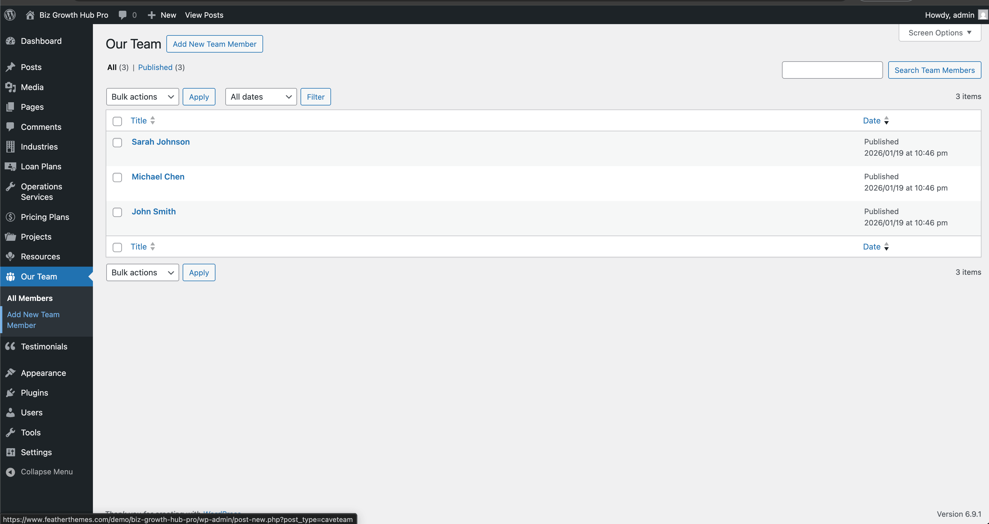 Team list in WordPress admin
