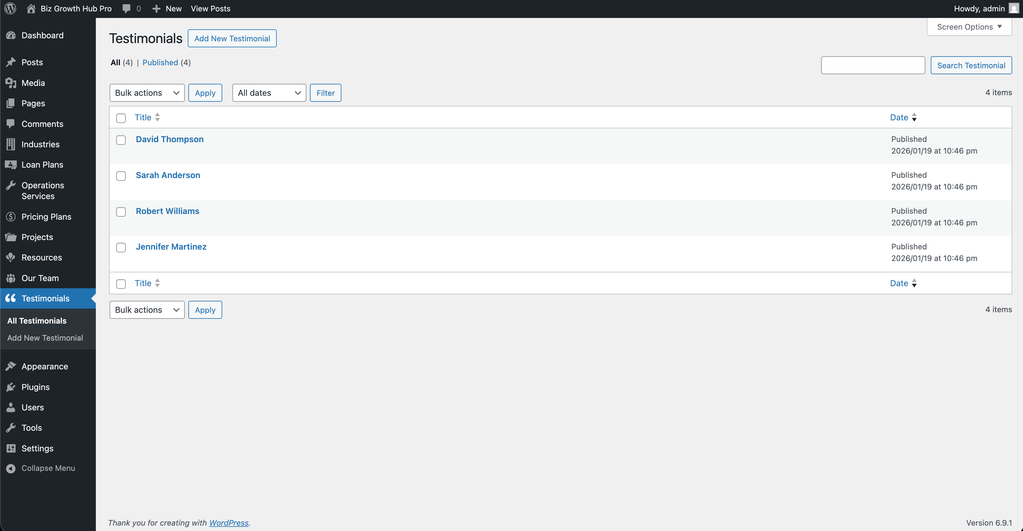 Testimonials list in WordPress admin