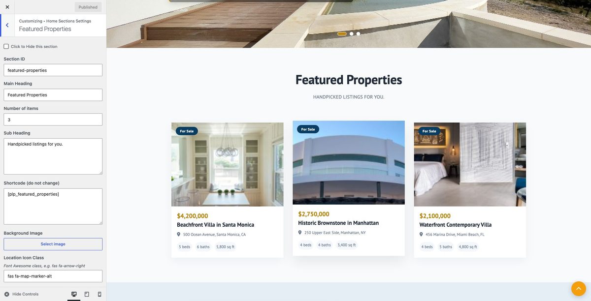Featured Properties customizer