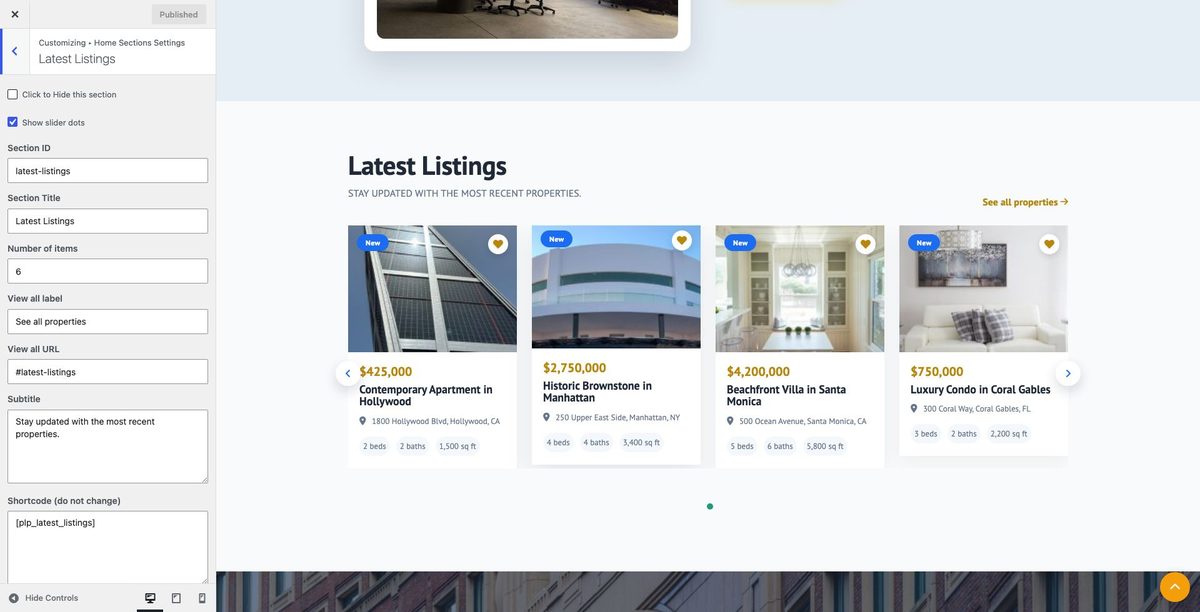 Latest Listings customizer