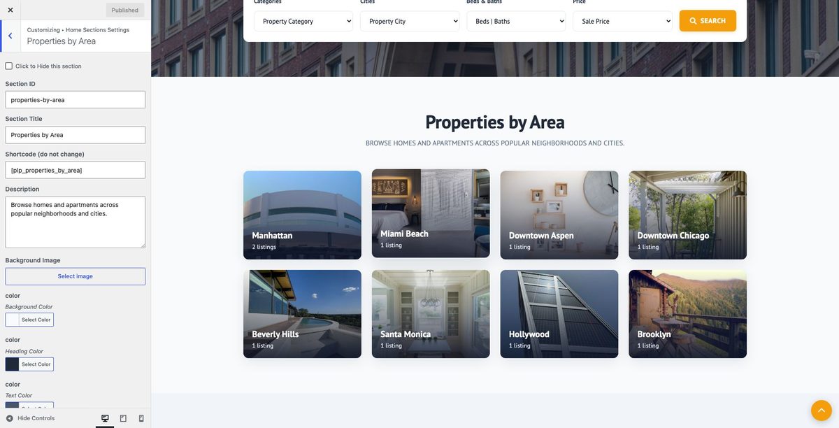 Properties By Area customizer